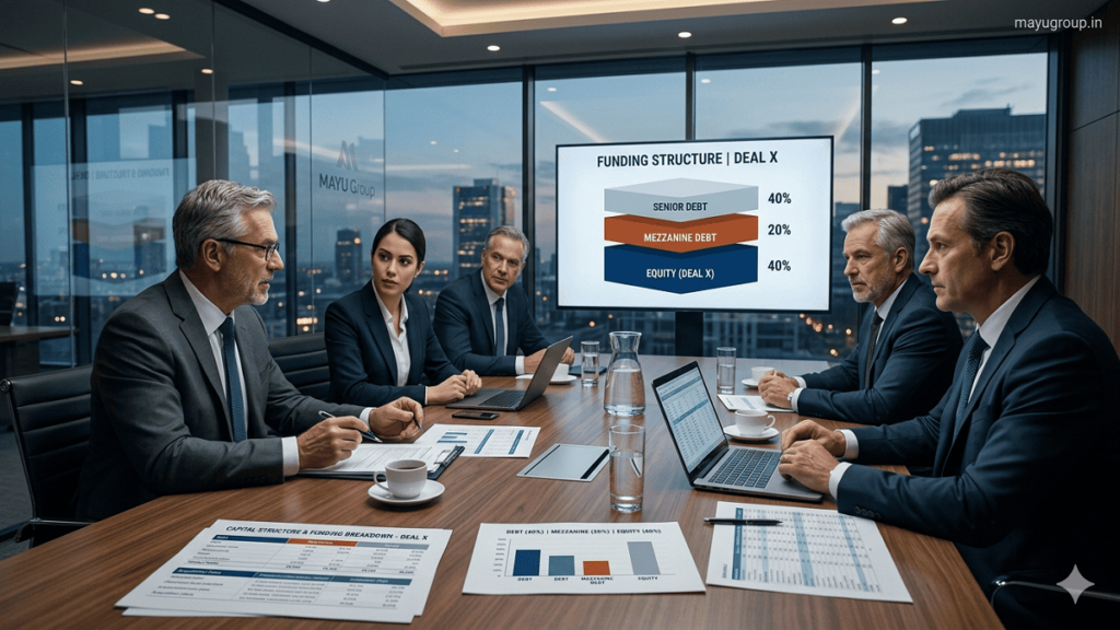 Business executives discussing mezzanine financing in a modern boardroom with capital structure visuals in the background.