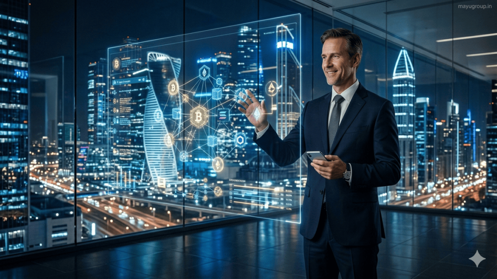 Professional investor standing in a futuristic blockchain finance environment with holographic cryptocurrency networks and digital transaction visuals.