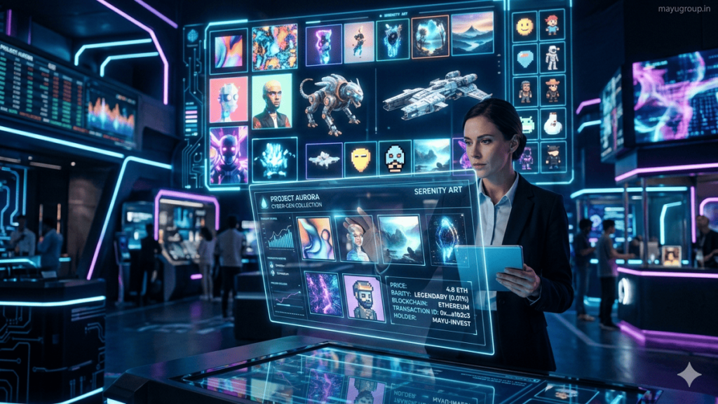 NFT Investment. Investor interacting with a futuristic NFT marketplace showing digital assets and blockchain verification on a holographic screen.