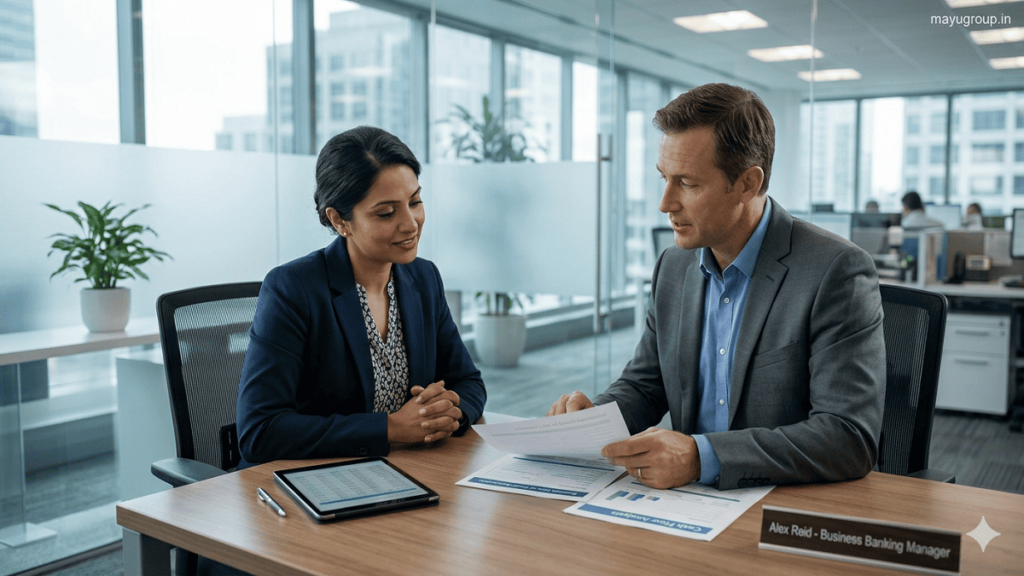 Business owner and financial advisor discussing a business line of credit in a modern office setting.