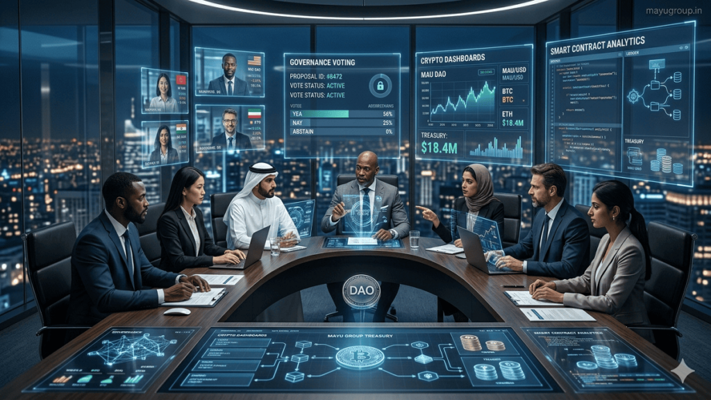 Professionals managing DAO funding and blockchain governance through futuristic digital finance systems.