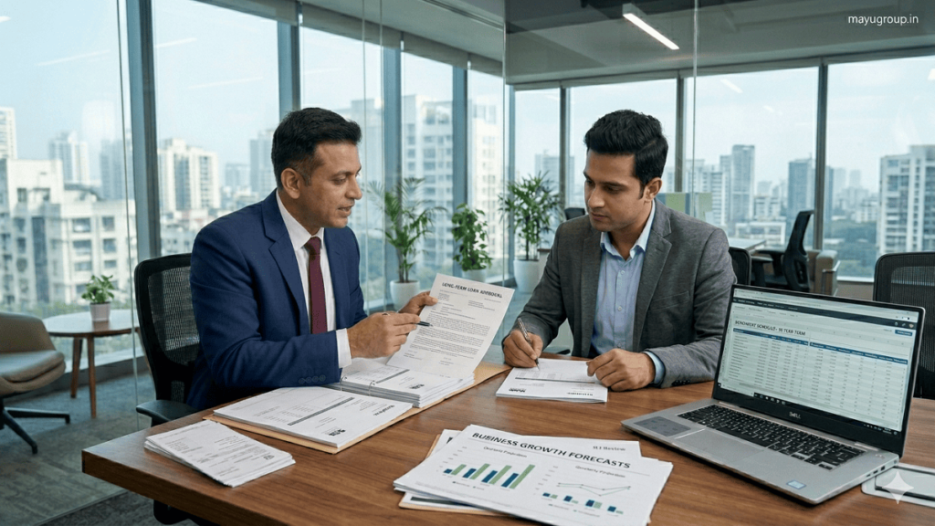 Long-Term Loans. Bank officer and business owner discussing long-term loan documents in a modern corporate office.