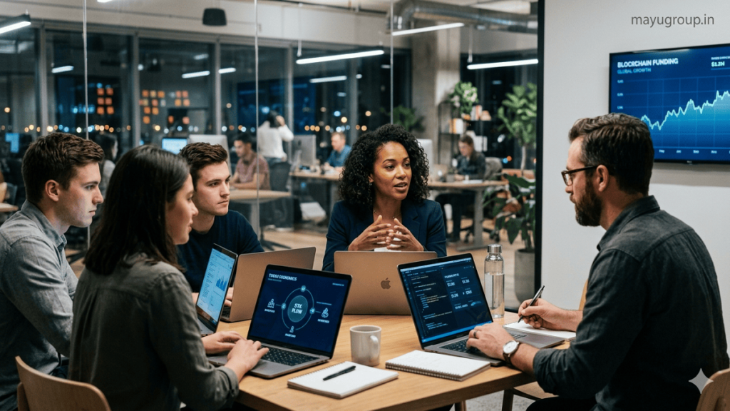 Startup team discussing token-based funding in a modern office with digital blockchain visuals and financial dashboards on screens.
