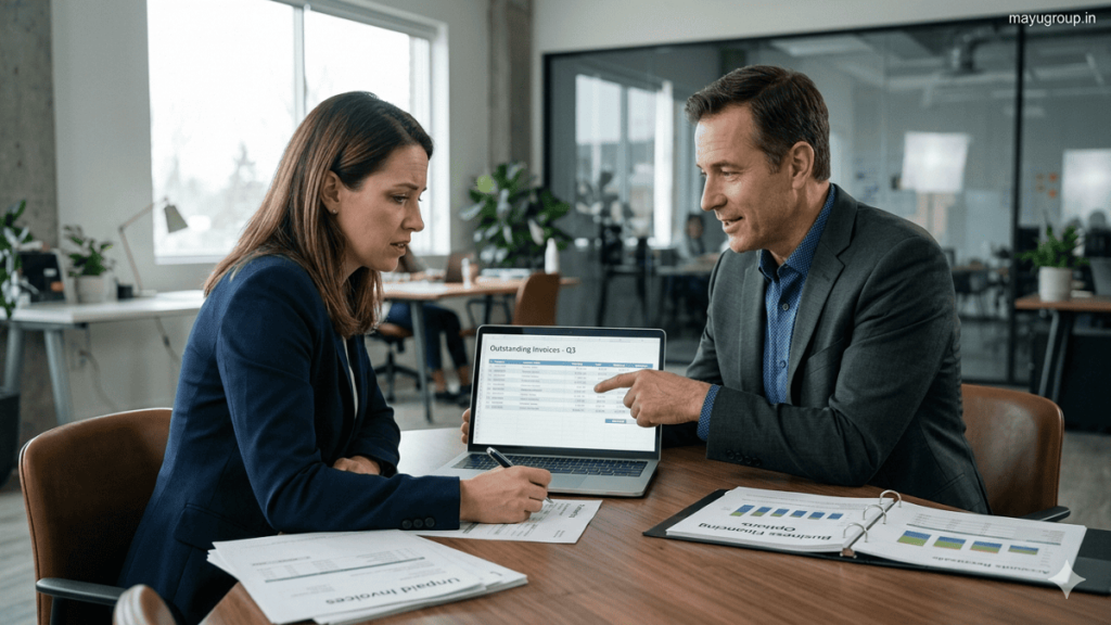 Business owner reviewing invoices with a financial advisor in an office discussing factoring services for cash flow improvement.