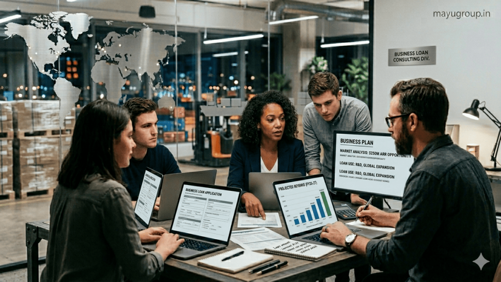 Business Loans. Business professionals discussing loan approval and financial planning in a modern corporate office environment.