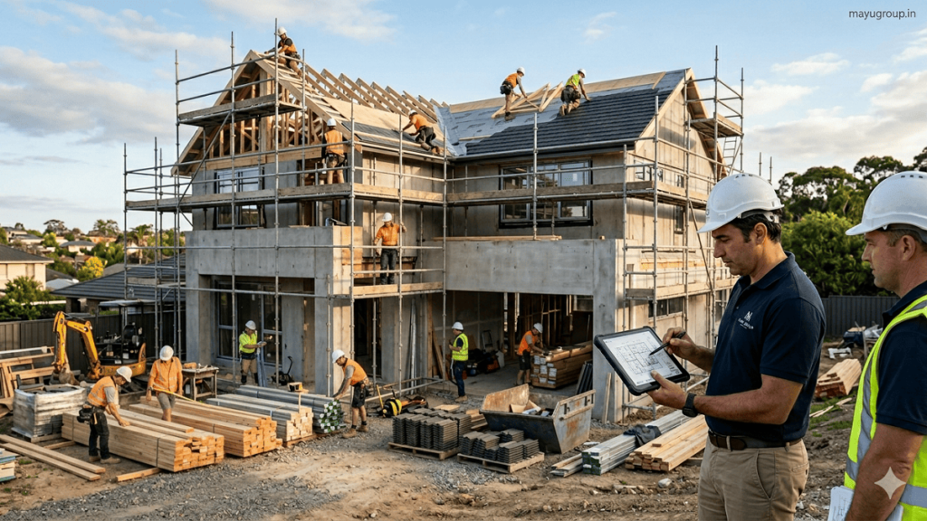Construction Loans. Engineer inspecting a residential house under construction with workers and scaffolding at a building site