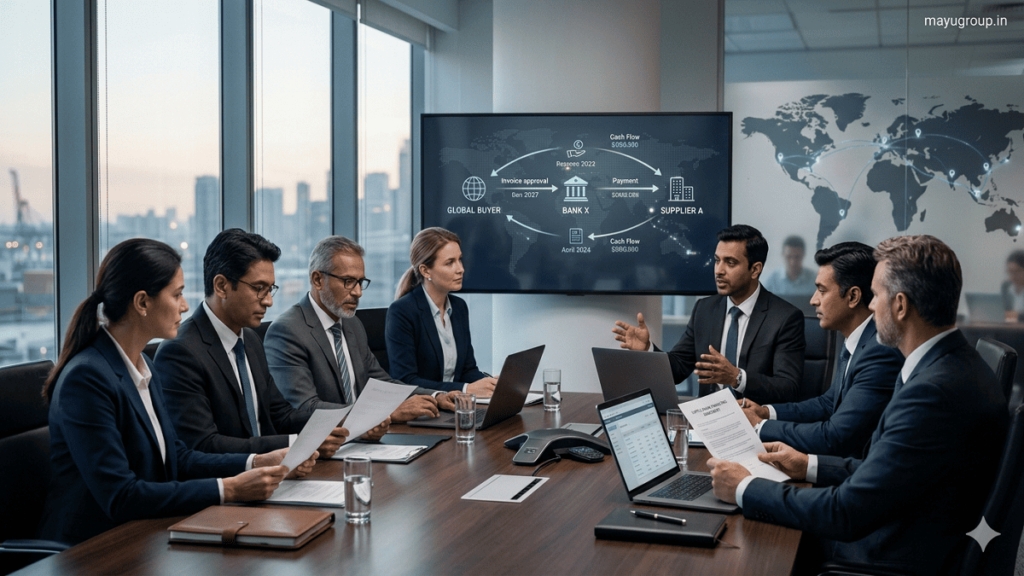 Corporate executives discussing supply chain financing in a modern boardroom with digital financial flow visuals representing invoice approval and payment movement between buyer and supplier.