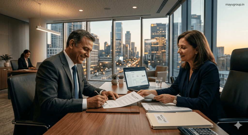 Business owner discussing and signing commercial loan documents with a bank officer in a modern office setting. Commercial Loans.