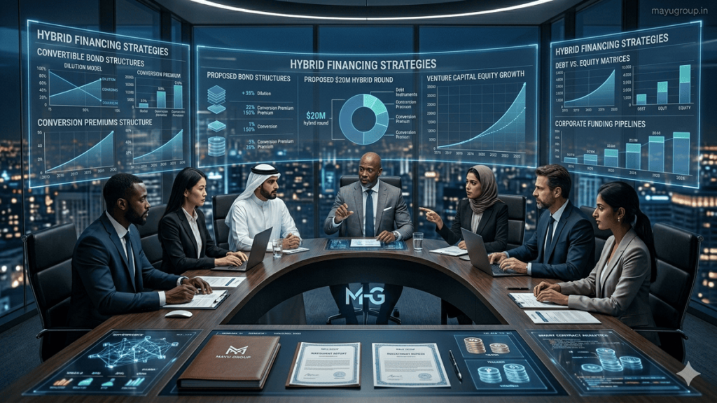 Business executives discussing hybrid financing strategies in a modern corporate boardroom with digital financial displays.