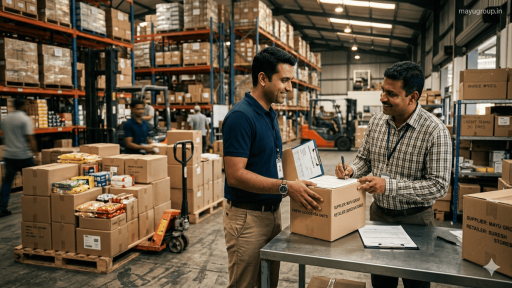 A supplier handing goods to a retailer in a warehouse with an invoice being exchanged, representing trade credit in business transactions.