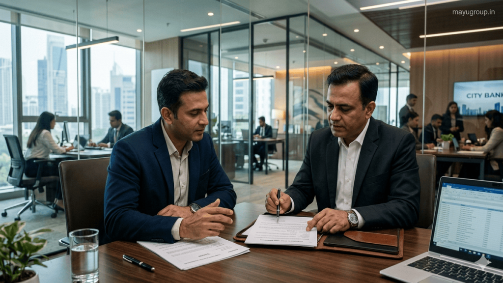 Bank Loans. Business client discussing bank loan documents with a banker in a professional office setting.