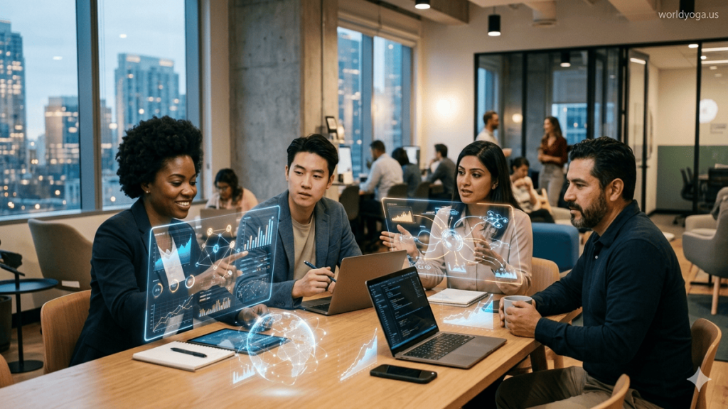 Entrepreneurs collaborating in a modern coworking space with digital financial holograms and global connectivity visuals representing alternative financing, with a “worldyoga.us” watermark in the top right corner.