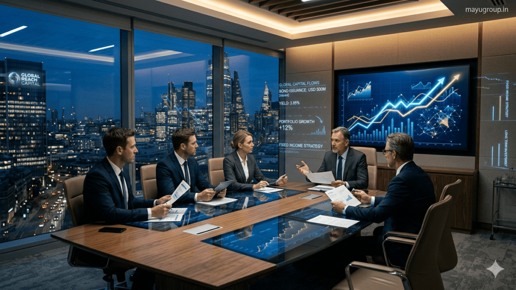 A cinematic corporate office scene showing executives reviewing financial data with digital overlays representing corporate bond investment and capital growth.