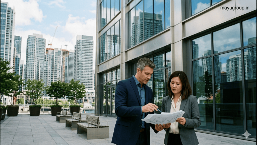 Real Estate Loans. Real estate investor and financial consultant reviewing property documents outside a modern commercial office building.