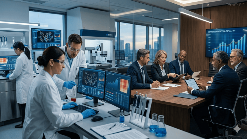 Royalty Financing. Scientists in a pharmaceutical lab collaborating on drug research while executives review funding agreements in a modern corporate setting.