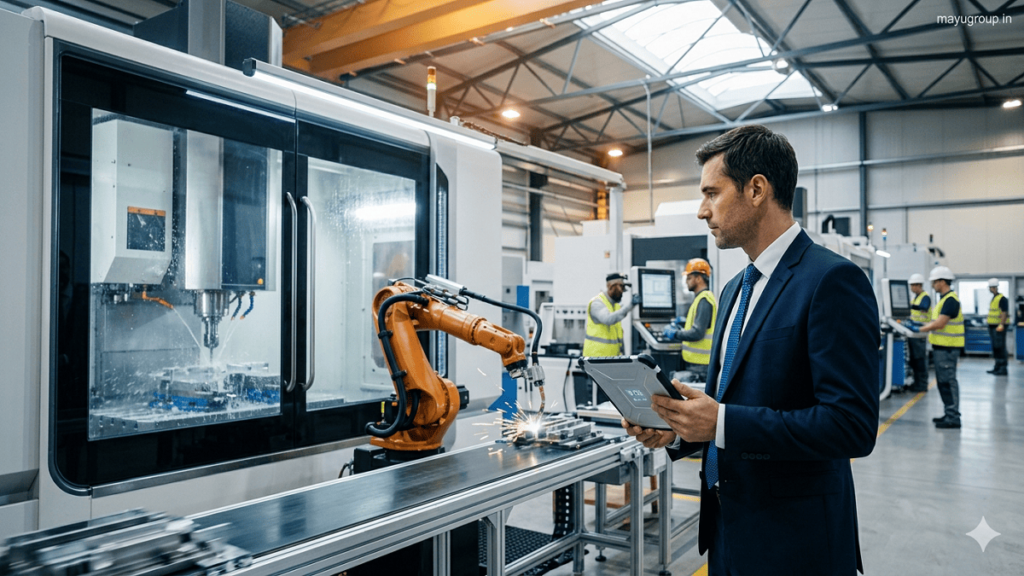 Equipment Financing. Business manager inspecting advanced CNC machines and robotic production line inside a modern manufacturing factory