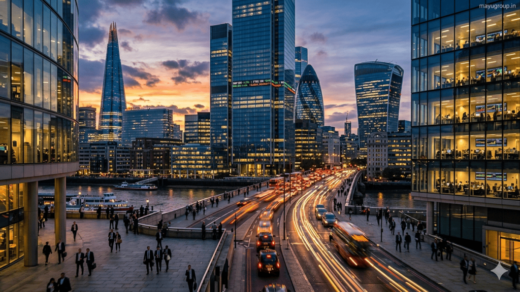 A cinematic view of a modern financial city skyline at sunset with glowing digital data streams symbolizing capital flow between skyscrapers.