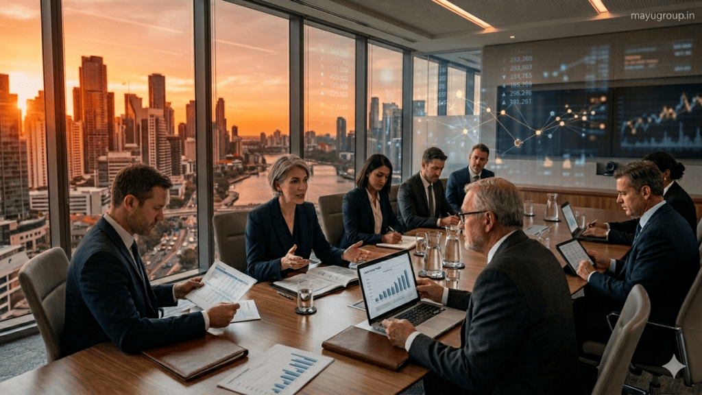 Business professionals discussing buyout financing in a modern boardroom with financial documents, laptops, and city skyline view.