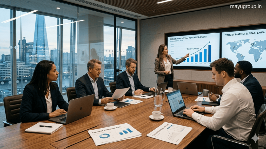 Business executives analyzing expansion capital investment charts and growth plans in a modern corporate meeting room