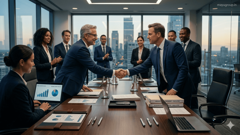 Acquisition Financing. Two corporate teams signing an acquisition agreement in a modern boardroom with financial documents and a handshake after deal completion.