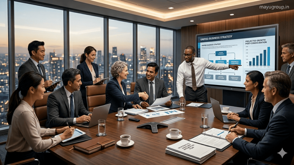 Corporate executives collaborating in a modern boardroom to integrate business operations and improve organizational efficiency through business consolidation.