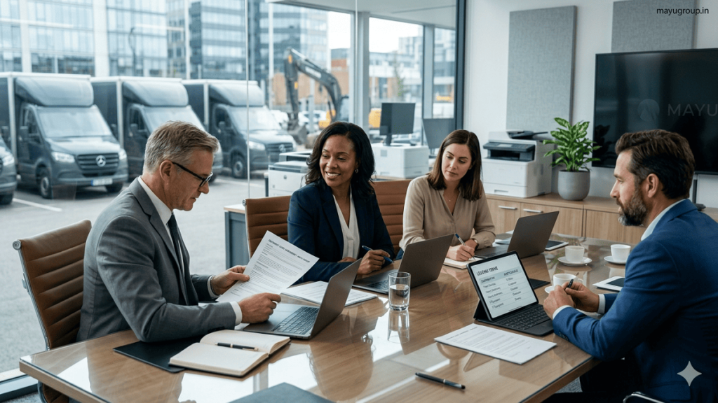 Business executives discussing leasing finance in a modern office with digital devices and asset visuals in the background.