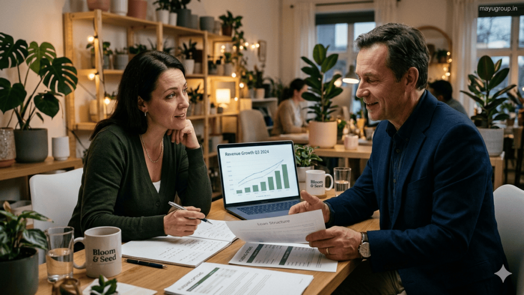 Merchant Cash Advance. Small business owner discussing funding options with a financial advisor in a modern office with documents and laptop displaying revenue charts.