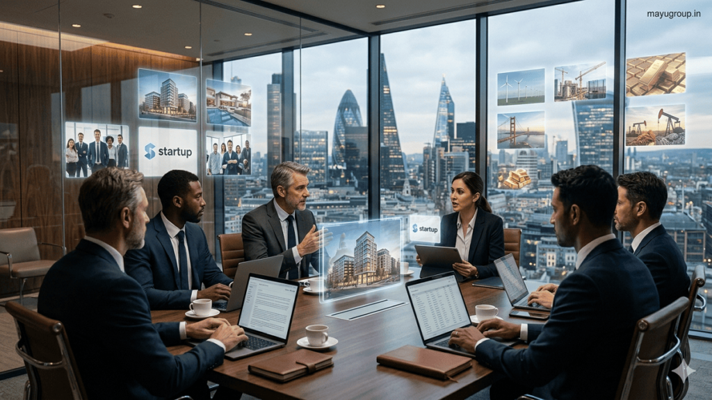 Institutional investors discussing alternative assets in a modern boardroom with digital financial visuals and asset representations, with a “mayugroup.in” watermark in the top right corner.