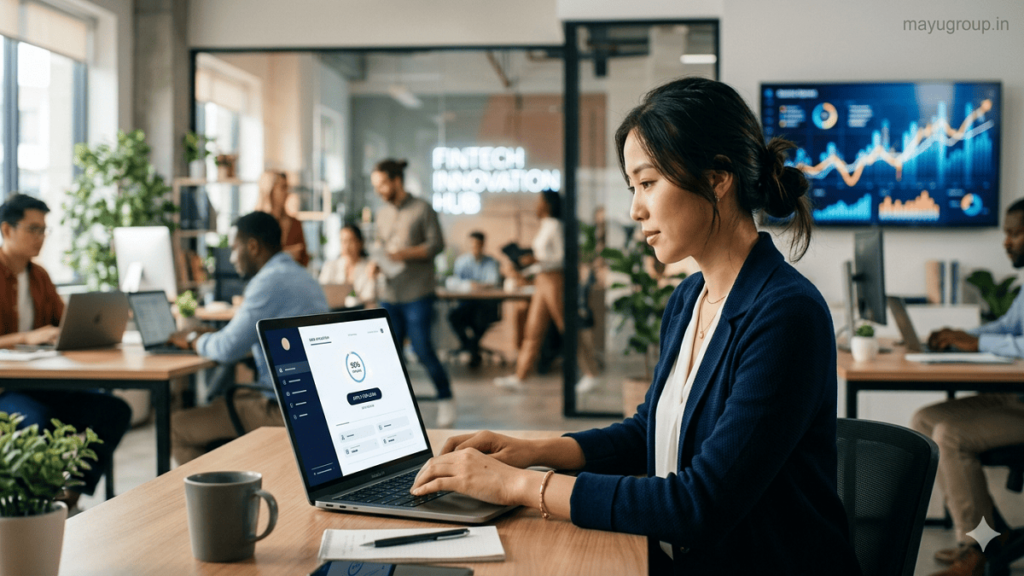 A young professional applying for a short-term loan on a laptop in a modern fintech office with a clean digital interface and soft lighting.