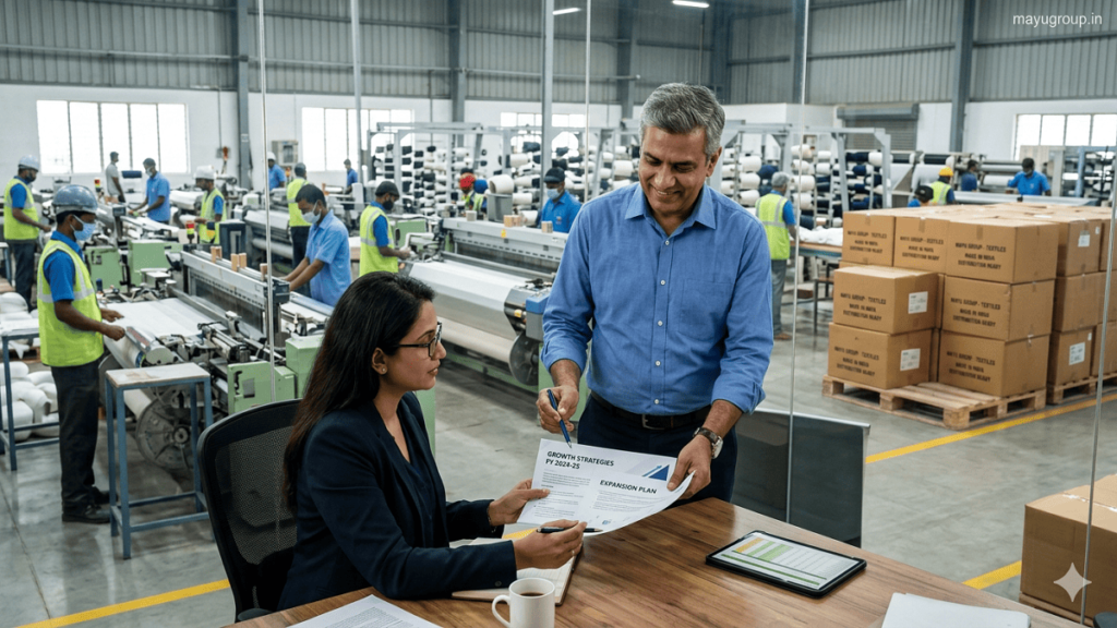 Indian MSME business owner reviewing expansion plans with a financial advisor inside a modern manufacturing facility equipped with advanced machinery.