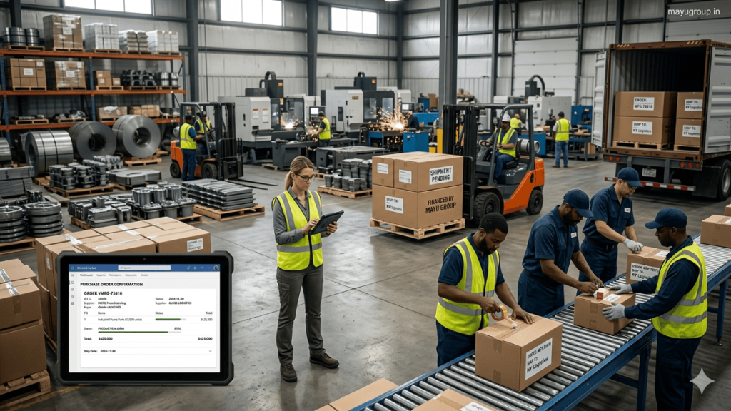Purchase Order Financing. Manufacturing warehouse with workers processing goods while a manager reviews a digital purchase order on a tablet.