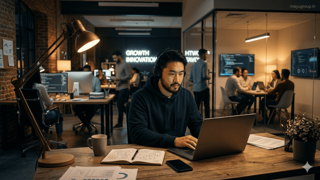 A young entrepreneur working on a laptop in a coworking space with a visual transition from idea sketches to a fully developed startup office in the background. Startup Loans.