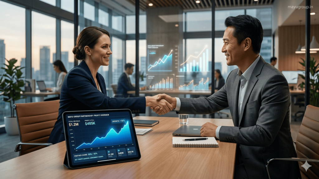 Two business professionals shaking hands over a tablet showing financial growth, representing a profit-sharing investment partnership.
