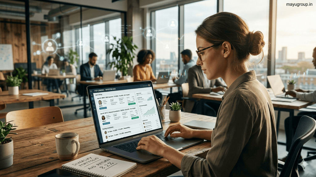 A professional office scene showing a person using a laptop with a peer-to-peer lending dashboard, representing online direct lending between borrowers and investors.