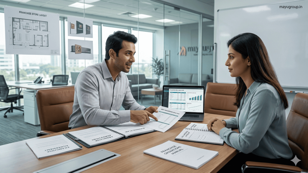 Entrepreneur discussing franchise loan approval with a bank manager in a corporate office with business documents and financial plans. Franchise Loans.