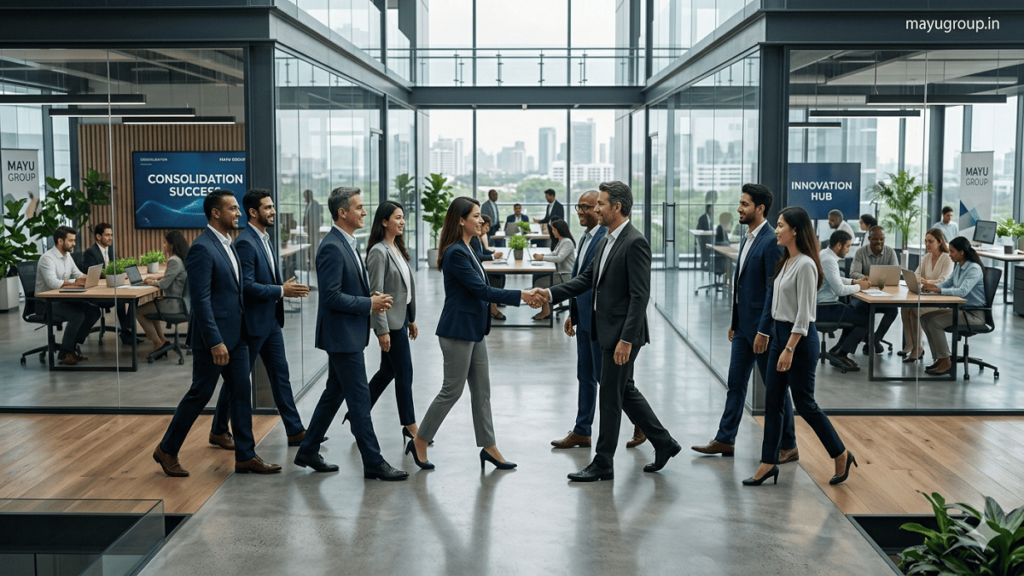 Corporate executives collaborating in a modern boardroom to integrate business operations and improve organizational efficiency through business consolidation.