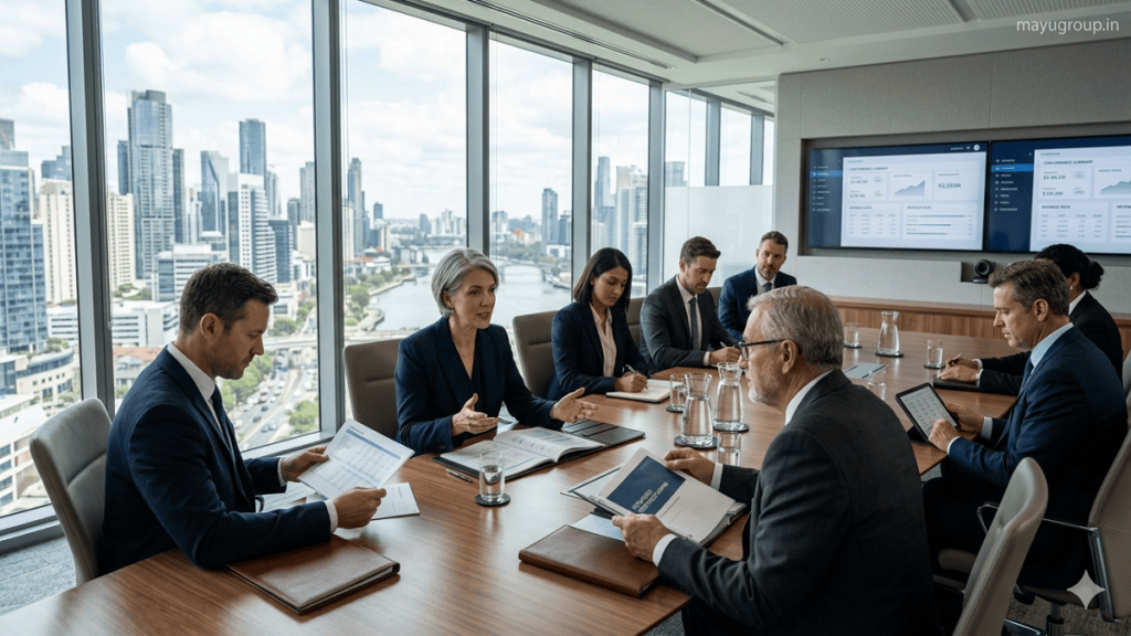 Business executives discussing restructuring strategies to improve organizational efficiency and long-term growth.