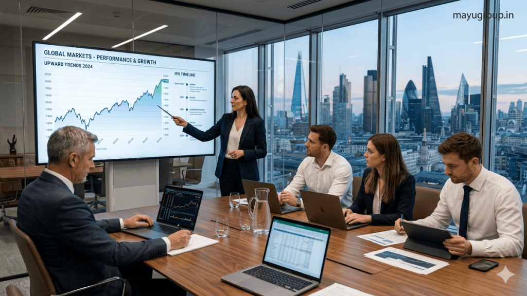 Corporate IPO advisory team discussing financial growth strategies in a modern office with stock market visuals