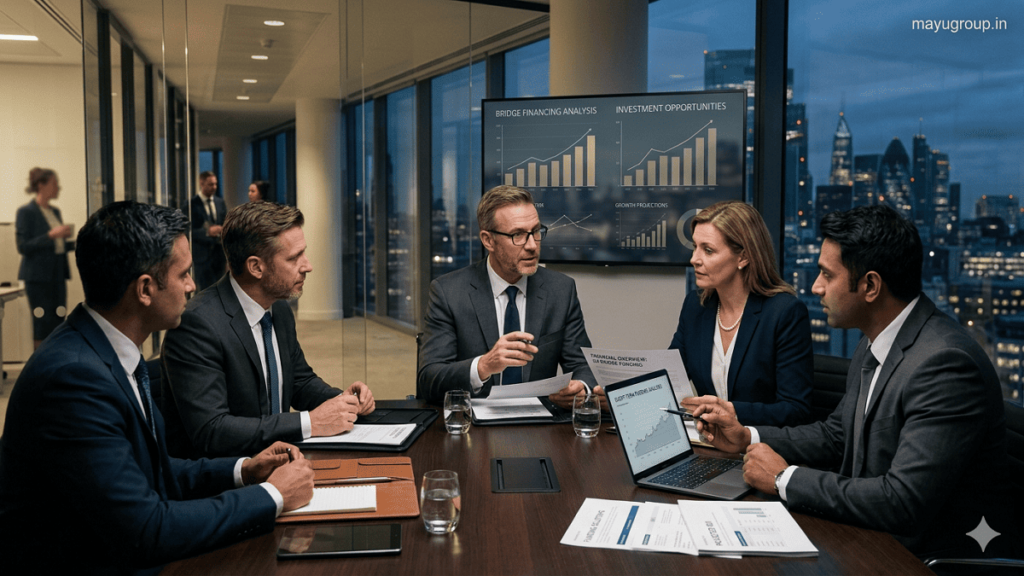 Corporate executives discussing bridge financing and short-term funding strategies in a modern office environment.
