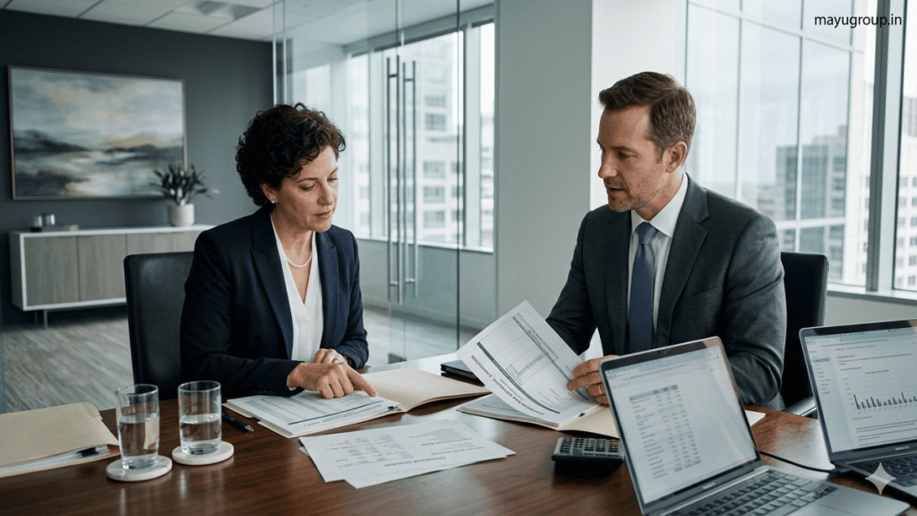 Business owner discussing asset-based lending solutions with a financial advisor in a modern corporate office environment.
