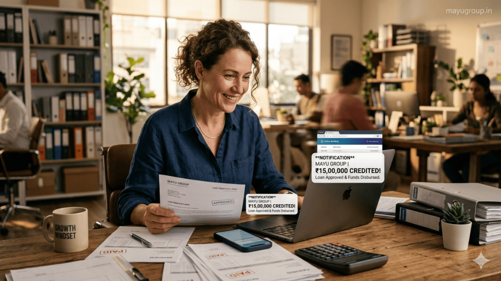 Working Capital Loans. Business owner reviewing financial documents on a laptop in a modern office, appearing relieved after receiving funds, symbolizing working capital loan support.