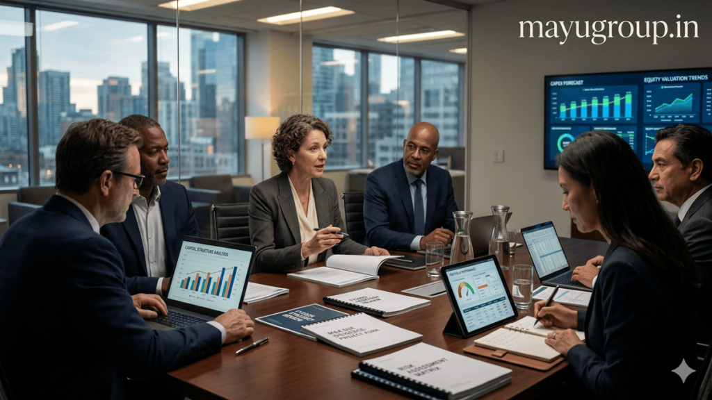 Senior finance team discussing corporate finance strategies in a modern office with financial reports, laptops, and charts on display.