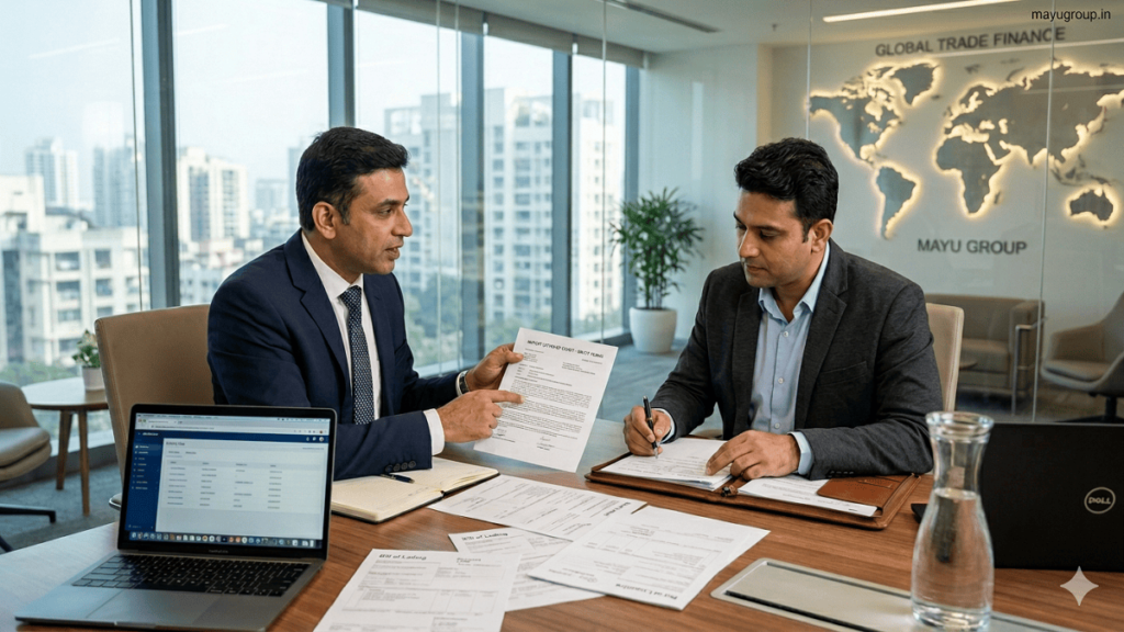 Import Loans. Business professional and bank manager discussing import loan documents in a modern office setting.