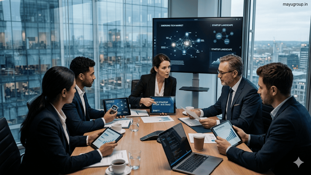 Corporate Venture Capital. Corporate executives discussing startup investments in a modern glass-walled boardroom with digital devices and city skyline in the background.