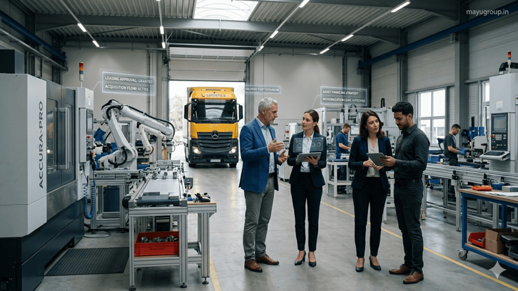 Professionals analyzing asset finance solutions in a manufacturing facility with machinery, production lines, and vehicles, with a “mayugroup.in” watermark in the top right corner.