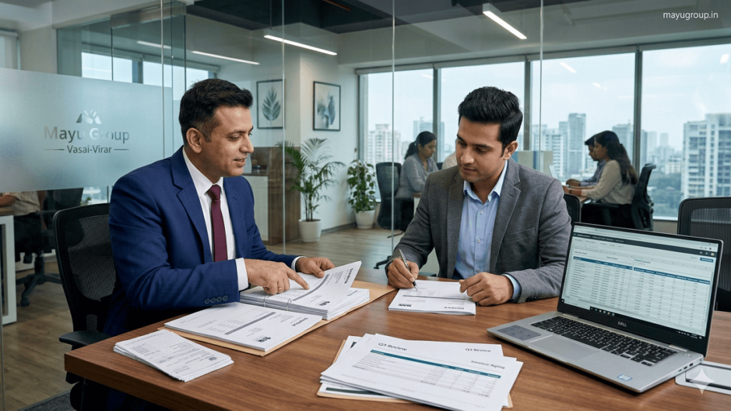 Invoice Financing. Finance manager and business owner reviewing invoices and cash flow documents in a modern office setting.