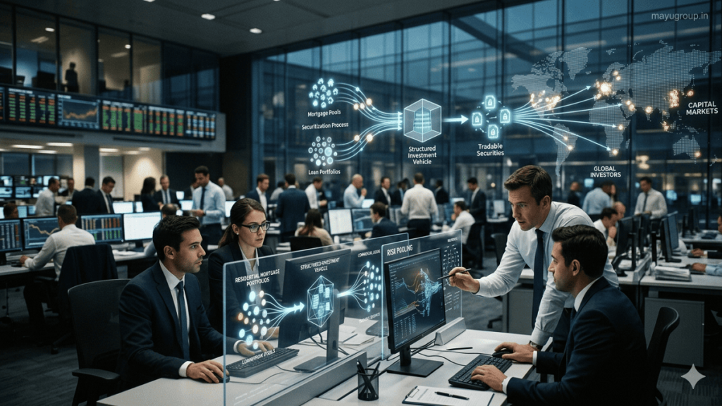 Global financial network connecting major cities with layered risk structures representing structured finance instruments and capital flow.