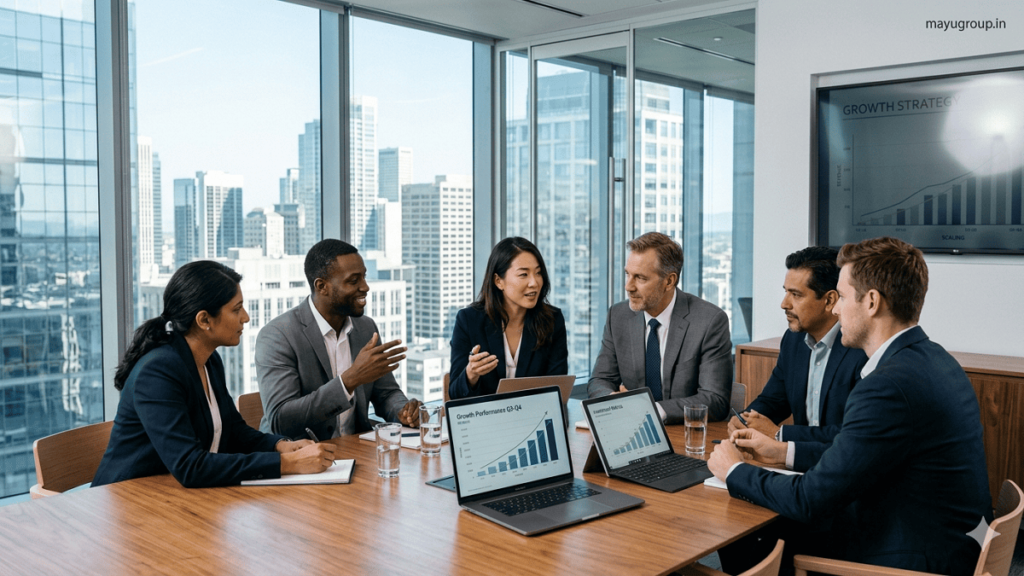 Revenue-Based Financing. Startup founders and investors discussing financial growth strategies in a modern glass-walled conference room with laptops and digital devices.