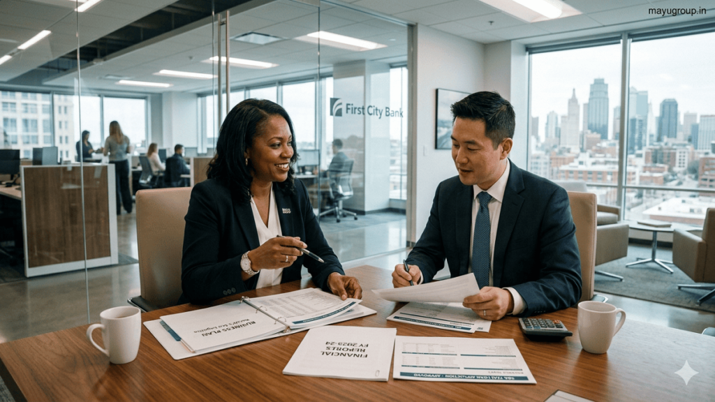 SBA Loans. Small business owner discussing SBA loan documents with a banker in a modern office setting.
