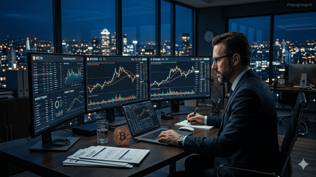 Professional cryptocurrency investor analyzing Bitcoin and Ethereum trading charts in a futuristic financial office environment.